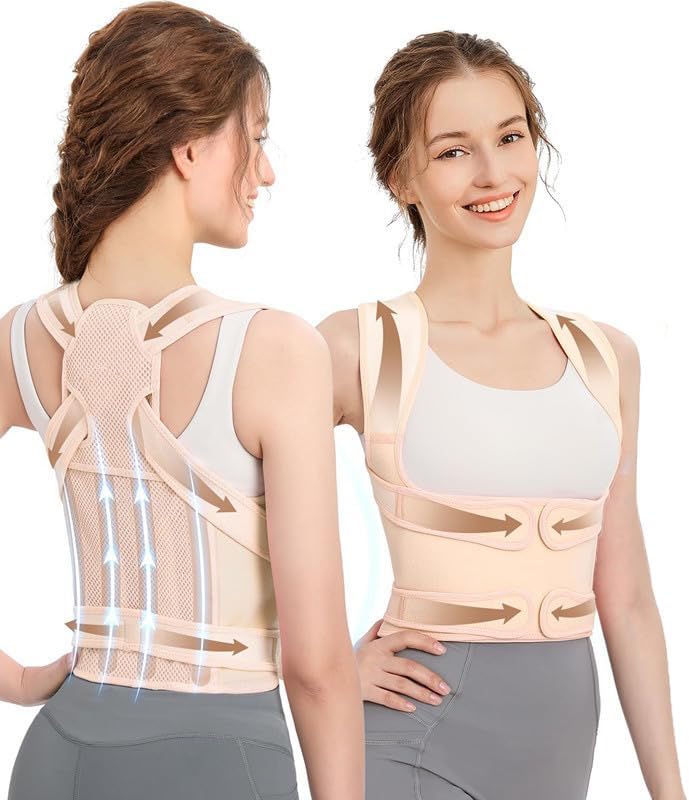 Back Brace Posture Corrector for Women and Men, Shoulder Straightener, Adjustable Full Back Support, Relief for Neck/Shoulder/Back Pain, Scoliosis & Hunchback Correction, Breathable Mesh Design (Beige, Small (Waist 25"-33")) by Unknown