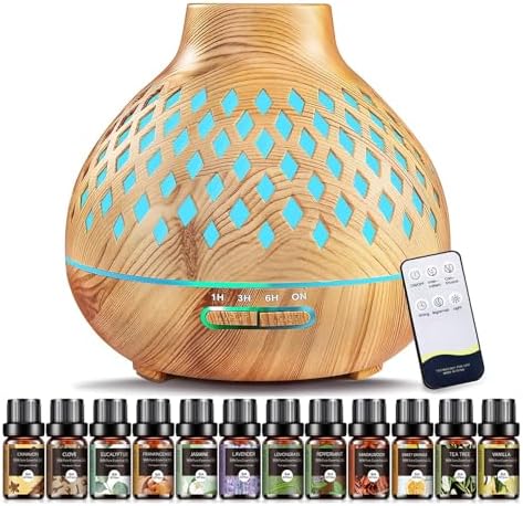 Aeshory Aromatherapy Diffuser & 12 Essential Oils Set, 550ML Aromatherapy Diffuser for Home, Ultrasonic Cool Mist Humidifier with Remote Control 4 Timer 7 Color LED Light, Waterless Auto Off, Light by AeshoryLiveLikePoetry