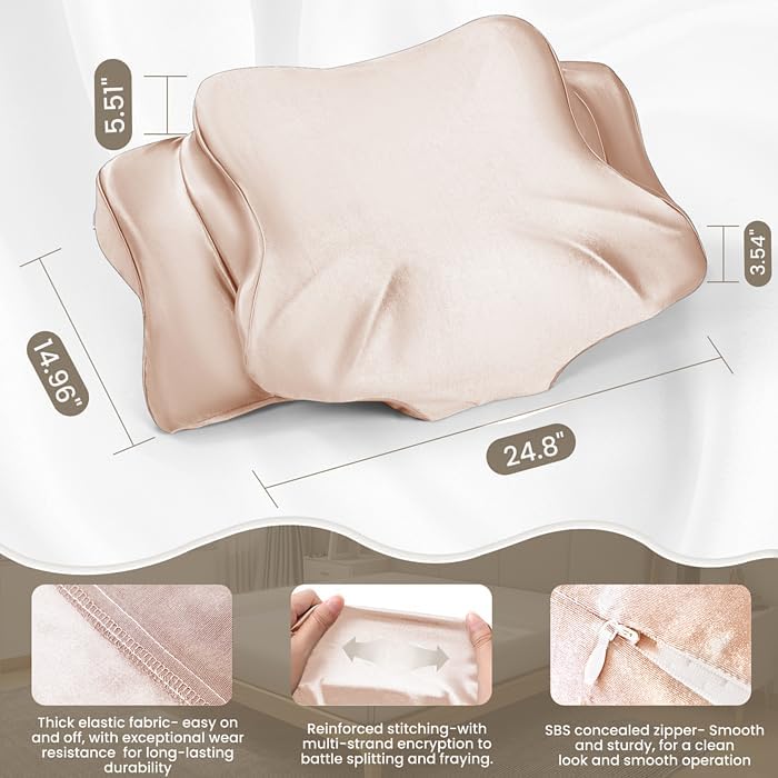 Thickened Satin Pillowcase, Elastic 16 * 24In Pillow Cover for Cervical Pillow or Memory Foam Pillows, Smooth & Soft Hair and Skin Friendly, Queen Size with Zipper Champagne - Image 2