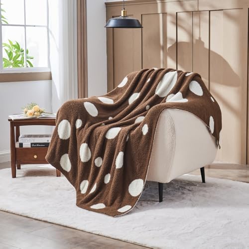 CozeCube Reversible Knitted Throw Blanket, Brown White Polka Dot, 50"x60" - Image 2