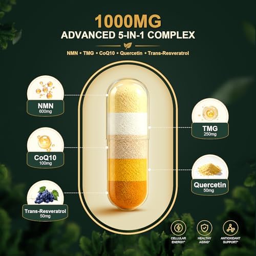NMN Supplement, NAD+ Precursor Support 1000mg 5-in-1 Complex with 600mg Nicotinamide Mononucleotide and TMG 200mg, Trans-Resveratrol, Quercetin, CoQ10 for Cellular Energy, Antioxidant Support - Image 3