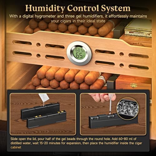 XIFEI Cigar Humidor Cabinet with 5 Acrylic Display Cases, Adjustable LED Lighting, Cedar Wood Shelves & Drawer, Digital Hygrometer, 3 Humidifiers, 100-150 Capacity Desktop Cigar Humidor for Gifts - Image 6