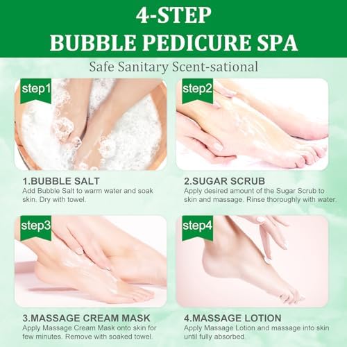 Pedicure Kit Foot Soak Set: Bubble Salt, Sugar Scrub, Massage Mask, Massage Lotion in a Box, 4 Step Foot Spa Kit for Dry Feet,Tired Feet（3 Set Green tea) - Image 3