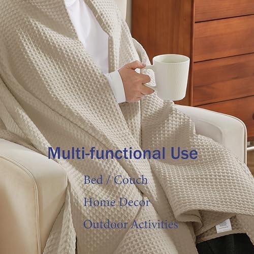 100% Egyptian Cotton Waffle Weave Throw Blanket for Bed Couch Sofa Home Decor, Soft Lightweight Bed & Couch Blanket for All Seasons (Light Khaki - Full Size - 84 * 90") - Image 4