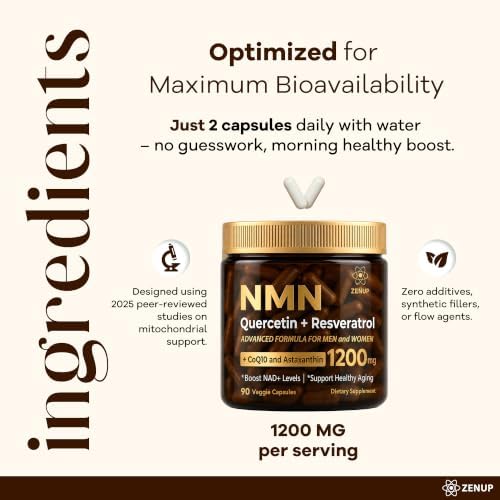 NMN Supplement, 1200mg Blend with 600mg NMN, 250mg Quercetin, 200mg Resveratrol, CoQ10 & Astaxanthin, Daily Supplement Formula, 90 Veggie Capsules, 45 Servings - Image 6