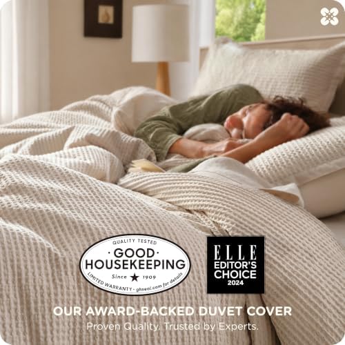 Bedsure PureWoven 100% Cotton Waffle Duvet Cover Set, 3 Pieces, Full, Beige - Image 2