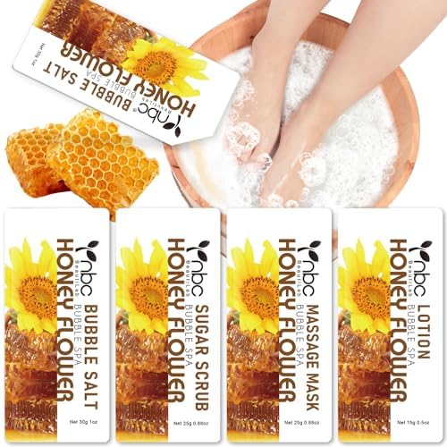 Pedicure Kit Foot Soak Set: Bubble Salt, Sugar Scrub, Massage Mask, Massage Lotion in a Box, 4 Step Foot Spa Kit for Dry Feet, Calluses and Tired Feet(1 Set Honey Flower) by nbcBeautiLab