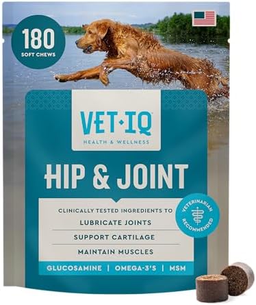 VetIQ Glucosamine Hip & Joint Supplement for Dogs, 180 Soft Chews, Joint Support Supplement with MSM and Krill, Dog Health Supplies Large & Small Breed, Chicken Flavored Chewables by VetIQHealthSupplements