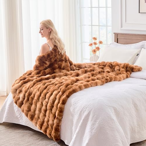 BENVWE Faux Fur Throw Blanket for Couch - Fluffy Soft Thick Bubble Blanket for Living Room Home Decor - Fathers Day Birthday Gifts for Women Men, Tie-dye Caramel, 50" x 60" - Image 6