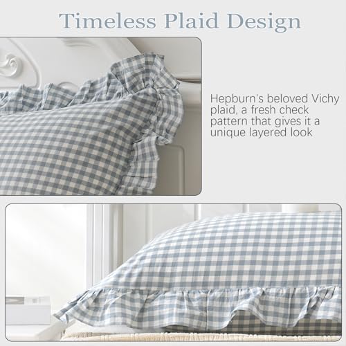20"x54" Blue White Plaid Ruffled Body Pillow Sham Washed Cotton - Image 6