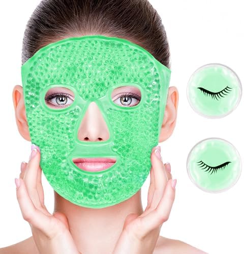 Face Eye Masks for Dark Circles and Puffiness, Migraines, Headache, Stress, Redness, Acne, Cooling Face Masks for Women Man, Hot Cold Use Ice Face Mask. (Green) by CONBELLA