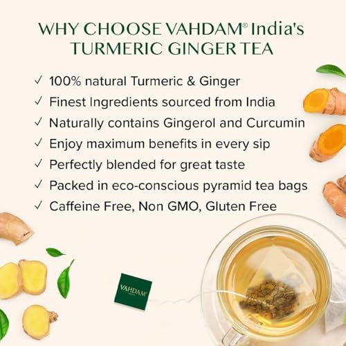 VAHDAM Organic Turmeric Ginger Herbal Tea Bags (100 Pyramid Tea Bags) Caffeine Free, Non GMO | 100% Pure Herbal Blend - Savory & Spicy, Plant-Based Teabags | Resealable Ziplock Pouch (Pack of 2) - Image 2