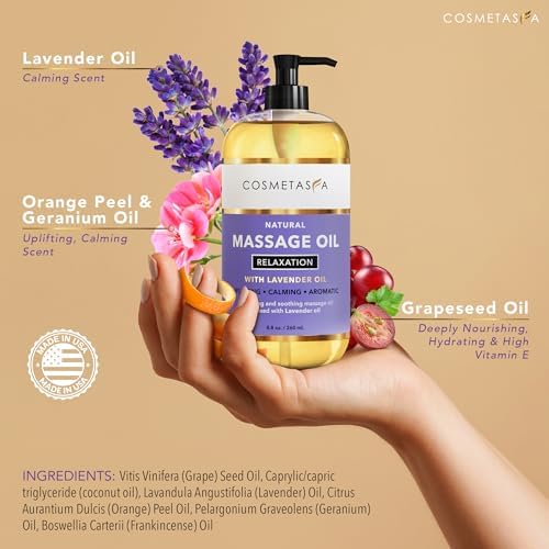 Cosmetasa Lavender Massage Oil for Massage Therapy - All Natural, Cruelty-Free & Spa Quality Skin Therapy Oil, Calming & Soothing Care - Lavender, Geranium & Grapeseed Oil (8.8 oz) - Image 2