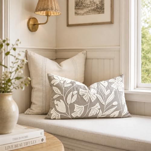 BlissBlush Lumbar Pillow Cover 12x20 Inch, Light Gray Floral Tufted Velvet Decorative Accent Pillow Case for Sofa Bed Living Room, Cover Only - Image 5