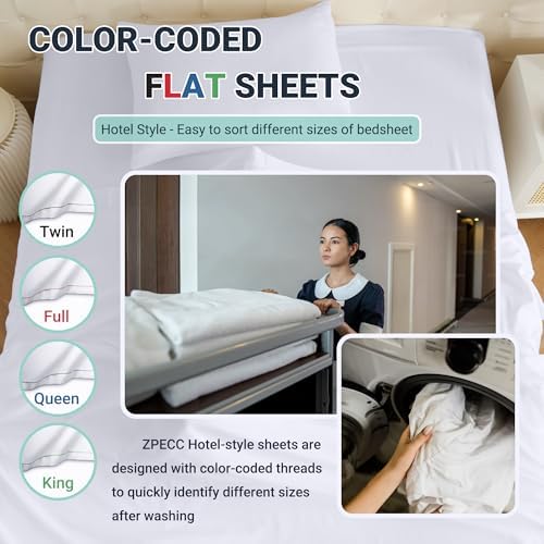 ZPECC Full Flat Sheet Only 4 Pack, Durable White Top Bed Sheets Hypoallergenic Soft Brushed Microfiber Color-Coded Hem Threads, 81"x96" - Image 4