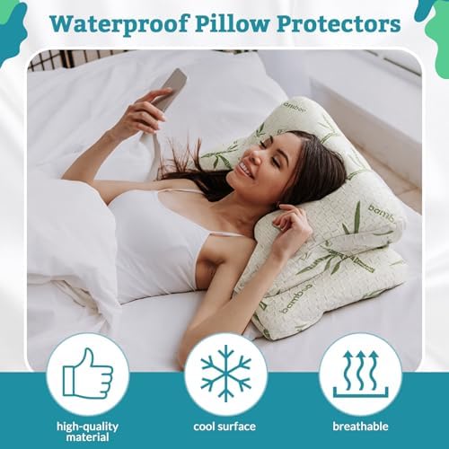 Hahafelt Cooling Cervical Pillowcase (Only Pillowcase) Waterproof Bamboo Neck Pillow Case Ergonomic Pillow Case Cover with Zipper for Side Back Stomach Sleepers(Queen Size,White Green) - Image 4
