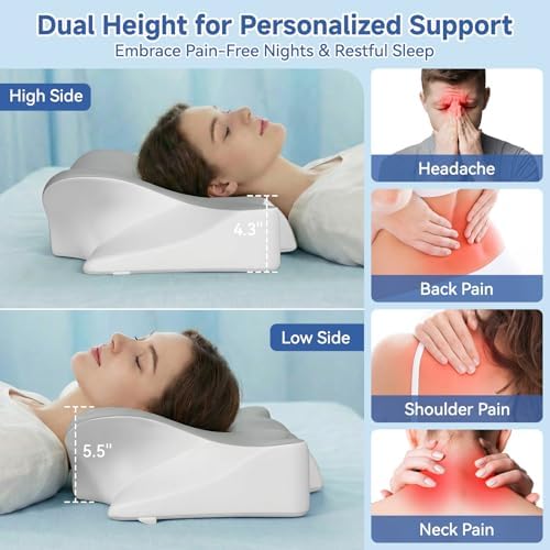 Cervical Neck Pillow for Pain Relief & Sleeping, Ergonomic Posture Pillow Neck Support, Cooling Memory Foam, Orthopedic Contour Pillow for Side Back Stomach Sleepers, Grey - Image 6