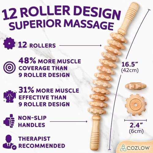 COZLOW Wooden Massage Roller Stick (12 Rollers) - Curved Wood Therapy Massage Tool for Body Sculpting, Fascia Release & Lymphatic Drainage - Maderotherapy Helps Reduce Cellulite Appearance - Image 2