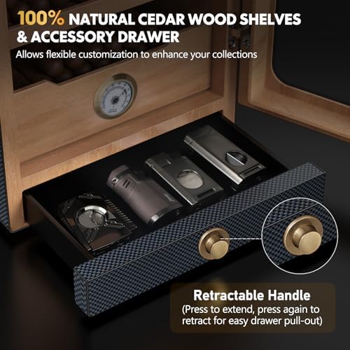 Tesonway Cigar Humidor, Desktop Cigar Humidor Cabinet Light Control System with Spanish Cedar Wood Shelves, Hygrometer, 3 Humidifiers and Cigar Accessories Drawer, for Men (Carbon Fiber) - Image 5