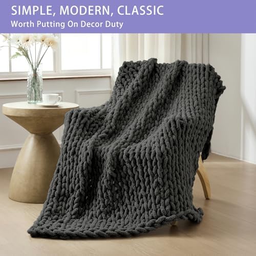 Bigacogo Chunky Knit Throw Blanket for Couch, 40x60 inches, Dark Grey - Image 3