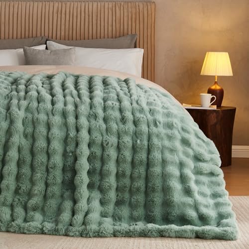 Lotus Karen Faux Fur Throw Blanket Sage Green - Big Bubble Rabbit Fluff Blanket for Couch Bed Sofa,Softest Fluffy Fuzzy Cozy Blanket,Plush Thick Furry Shaggy Warm Blankets for Women,90x90 Inches - Image 5