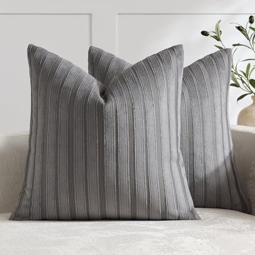 DEZENE 18x18 Grey Throw Pillow Covers Pack of 2 Soft Striped Corduroy Square Modern Neutral Pillow Cases for Couch Sofa Bedroom Living Room Home Decor by DEZENE