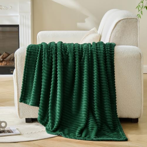 Bnuitland Fleece Throw Blanket, 300GSM Soft Warm Cozy Fluffy Throw for Babys & Pets, Stripe Pattern, All Season Sofa Bed Blanket for Home Decor, Dark Green 50"x60" - Image 2