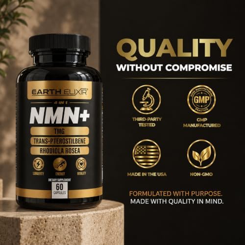 Earth Elixir NMN Supplement 500mg with TMG 500mg, Rhodiola Rosea & Trans-Pterostilbene - 4 in 1 NAD+ Supplement for Men & Women - Cellular Energy, Methylation & Healthy Aging - 60 Vegan Capsules - Image 6