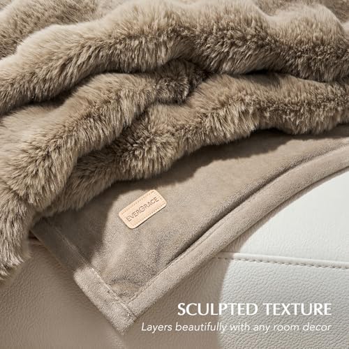 EverGrace Faux Rabbit Fur Bubble Throw Blanket, 50"x60", Greige - Image 4