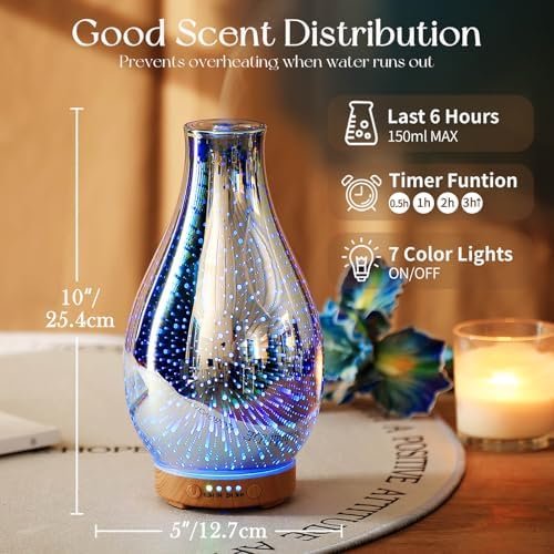 Porseme Essential Oil Diffuser 3D Glass Aromatherapy Ultrasonic Humidifier Cool Mist, Auto Shut-Off, Timer Setting, BPA Free for Home Office Hotel Yoga Gym Leisure SPA Gift 100ml - Image 3