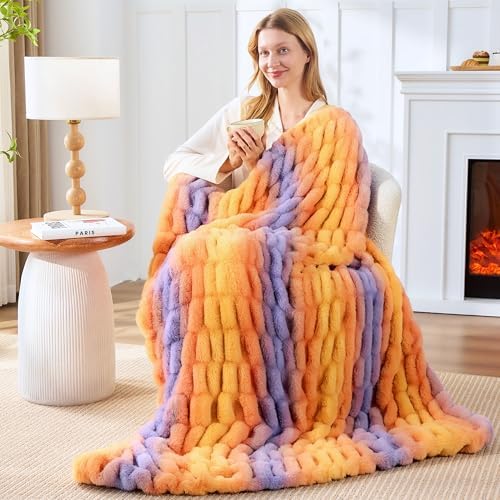 Touchat Ruched Rabbit Faux Fur Throw Blanket,Fluffy Soft Cozy, Colourful - Image 2
