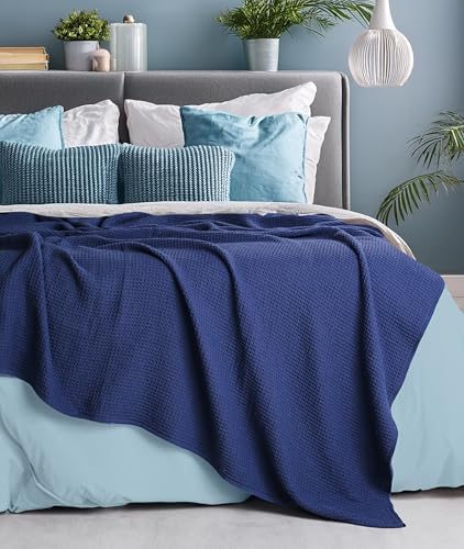 Tex Trend 100% Cotton Waffle Weave Blanket King Size - Soft, Breathable Cooling Blanket for Bed, Lightweight Cozy Summer & Spring Bedding, Navy Blue, 90x108 - Image 3