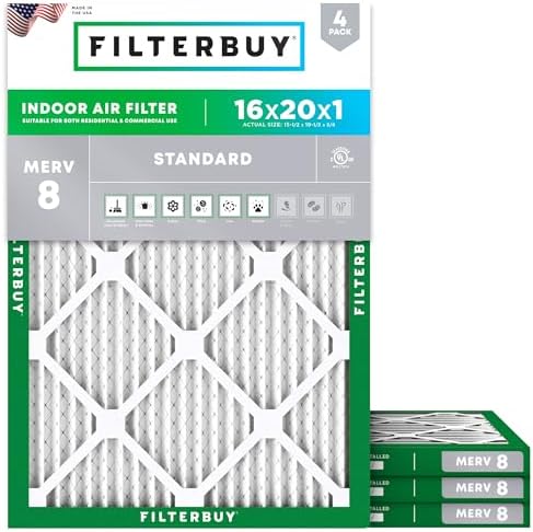 Filterbuy 16x20x1 Air Filter MERV 8 Dust & Allergy Defense (4-Pack) by Filterbuy