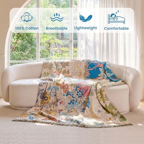MSGKV Boho Throw Blanket 60"x80" 100% Cotton Floral Muslin Twin Blanket - Image 2