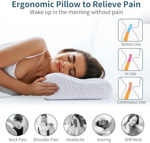 Memory Foam Pillows Neck Pillow for Pain Relief, Ergonomic Cervical Pillow Neck Shoulder Support Bed Pillow for Side Back Stomach Sleeper, Orthopedic Contour Pillow for Sleeping(Blue&White) - Image 4