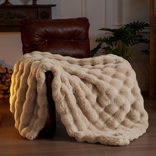 BENVWE Faux Fur Throw Blanket for Couch - Thickened Fluffy Soft Bubble Blanket for Living Room Home Decor - Fathers Day Birthday Gifts for Women Men, Beige, 50" x 60", 1300GSM by BENVWE