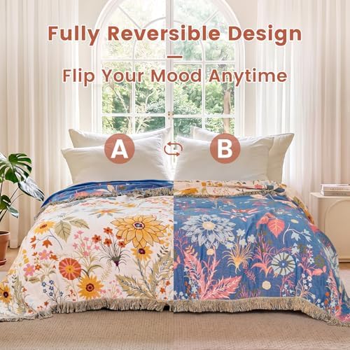 MSGKV Boho Throw Blanket 50"x60" 100% Cotton Floral Chair Blanket for Couch - Image 4
