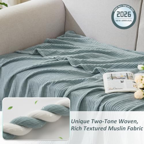 EMME Muslin Blankets for Adults, Cotton Large Throw Blanket 4-Layer, Couch Breathable Gauze Soft Lightweight Bed Blankets, Two-Tone Weave Design, Pre-Washed Softer Touch (Heather Teal, 50"x70") - Image 2