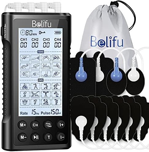 Belifu 4 Independent Channel TENS EMS Unit, 24 Modes,30 Level Intensity Muscle Stimulator Machine, Rechargeable Electric Pulse Massager with 10 Pads&5 Set Leads Wires, for Pain Relief Therapy(Black) by Belifu