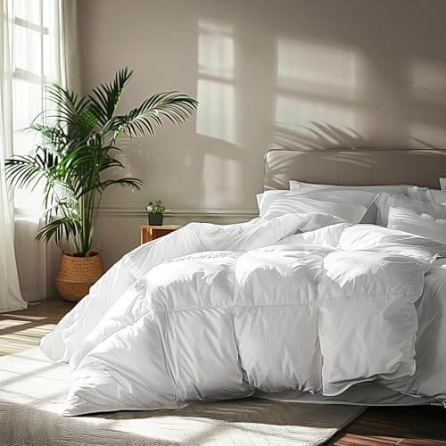Serta Goose Feather Down Fiber Comforter Queen Size - 100% Cotton Cover Duvet Insert - Hotel Luxury Hypoallergenic Bedding Comforter All Season Medium Warmth 90 x 90 Inch White by Serta