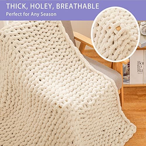Bigacogo Chunky Knit Throw Blanket for Couch, 51x63 inches, Beige - Image 4