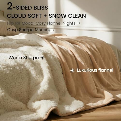 Tisancy King Size Waterproof Blanket for Bed Couch, 80'' x 80'' Double Side Leakproof Reversible Sherpa Flannel Fleece 3-Layer Lightweight Blanket, Absorbs 70oz(Beige/White), Machine Washable - Image 3