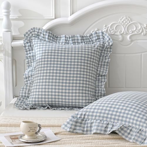 2 Pack Blue White Plaid Euro Pillow Shams Ruffle Pillowcases, 26x26 Inches - Image 2