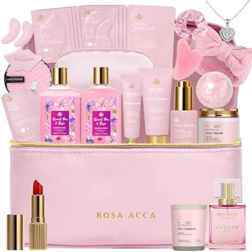 Gifts for Women, Gifts Basket for Women, 25 Pcs Rose Bath & Body Gift Basket Set, Hydrating Skin Care Gift Set, Self Care Gifts, Cosmetic Bag, Necklace, Christmas, Birthday, Anniversary, Mom, Wife by RAROSAACCA