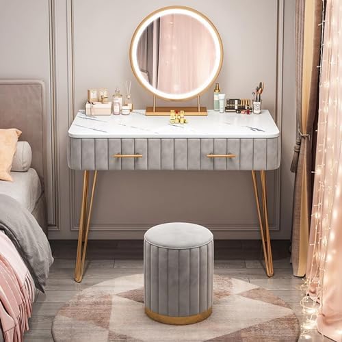 LED makeup table with mirror and stool set, stylish dressing table for bedroom, integrated lights and 2 drawers, perfect for beauty enthusiasts by Unknown