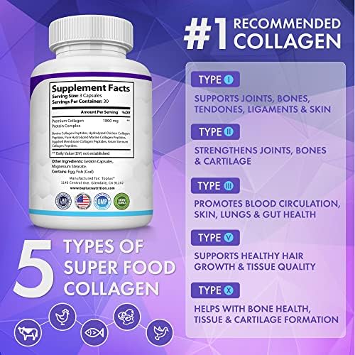 Toplux Multi Collagen Peptides Pills 1800 Mg Complex - Type I, II, III, V, X Premium Collagen Complex for Better Skin & Hair, Strong Joint, Hydrolyzed Protein, for Men Women, 90 Capsules, Supplement - Image 2