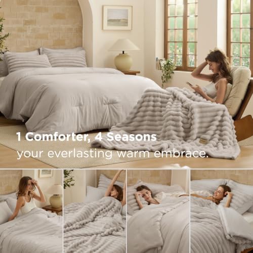Bedsure Gentlesoft™ 2-in-1 Oversized King Comforter Set and Detachable Fluffy Blanket, Beige Bedding Set for All Season Use, Detachable Design for Space Saving (Includes 2 Pillow Shams, 2 Pillowcases) - Image 2