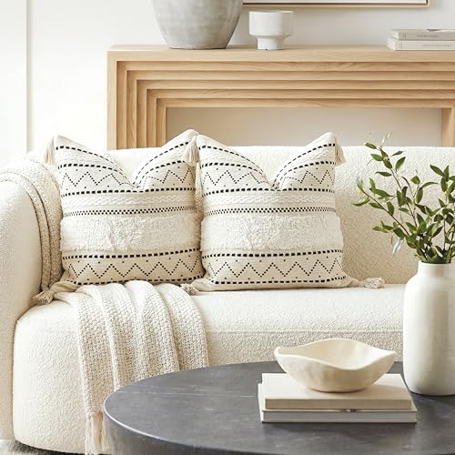 BlissBlush Decorative Throw Pillow Covers 18x18 Combo Set of 2 Square Boho Black Neutral Accent Pillowcase Tassels Farmhouse Cushion for Couch Sofa Bedroom Living Room Home Décor Cover ONLY - Image 6