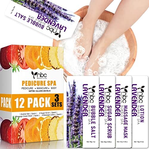 Pedicure Kit Foot Soak Set: Bubble Salt, Sugar Scrub, Massage Mask, Massage Lotion in a Box, 4 Step Foot Spa Kit for Dry Feet, Softens Calluses, Tired Feet（3 Set Lavender) by nbcBeautiLab