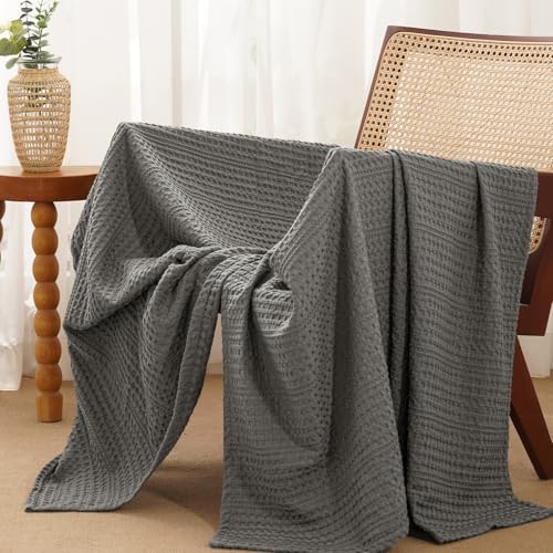 PHF Lightweight Waffle Weave Throw Blanket 50"x 60", Soft Woven Summer Blanket for Hot Sleepers - Aesthetic Home Decor for Couch Bed Sofa, Pet Friendly, Grey by PHF